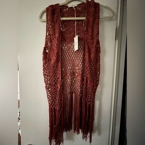 Rust Red Crochet Fringe Vest